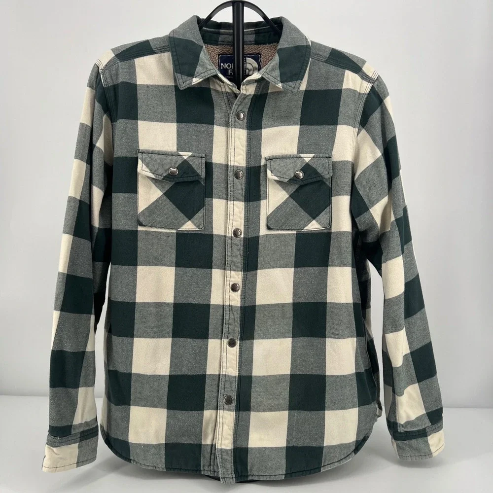 The North Face Campshire Sherpa Cozy Shirt Jacket Mens Large Green Plaid Flannel